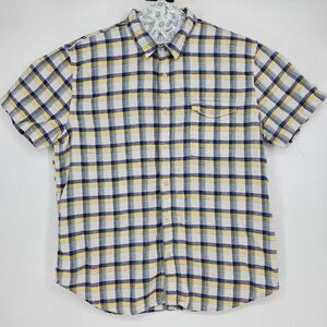 Lucky Brand Shirt Mens XL Blue Yellow Plaid Short Sleeve Linen Cotton‎ Button Up